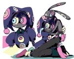  1boy 1girl abstraction_(the_amazing_digital_circus) alternate_universe animal_ears arms_around_another's_back asymmetrical_gloves blue_sclera colored_sclera colored_skin commentary english_commentary extra_eyes eye_on_tail eyes_on_body gloves grey_skin hand_on_another's_head hat hat_bell highres hug jax_(the_amazing_digital_circus) jester jester_cap kneeling kuropin looking_to_the_side mismatched_gloves mismatched_sclera pink_gloves pink_sclera pomni_(the_amazing_digital_circus) rabbit_boy rabbit_ears the_amazing_digital_circus white_background yellow_gloves yellow_sclera 