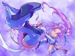  blue_footwear blue_legwear blue_skirt boots brooch cure_beat foreshortening frills full_body hair_ornament hairpin high_heels highres jewelry kurokawa_eren long_hair love_guitar_rod magical_girl ponytail precure puffy_sleeves purple_background purple_hair ryon seiren_(suite_precure) shoes skirt smile solo suite_precure thigh_boots thighhighs upskirt yellow_eyes 