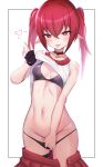  1girl :p absurdres bare_shoulders black_bra black_panties blush bra breasts choker clothes_lift commentary english_commentary fingerless_gloves gician_l gloves groin heart heart-shaped_pupils highres lifting_own_clothes looking_at_viewer minari_(gician_l) navel original panties panty_pull pointy_ears red_eyes red_hair red_skirt shirt shirt_lift simple_background single_fingerless_glove skindentation skirt sleeveless sleeveless_shirt small_breasts smile solo sweat symbol-shaped_pupils tongue tongue_out twintails underwear white_shirt 