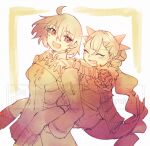  2girls ahoge breasts carrying closed_eyes coat commentary_request dragon_girl dragon_horns dragon_tail fate/grand_order fate_(series) fujimaru_ritsuka_(female) fujimaru_ritsuka_(female)_(decisive_battle_chaldea_uniform) gloves hair_between_eyes hair_bun hair_ornament highres horns long_sleeves monochrome multiple_girls neko_mori open_mouth piggyback sharp_teeth short_hair smile tail teeth vritra_(fate) vritra_(young)_(fate) watermark white_background yuri 