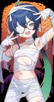  1girl absurdres ahoge armpits bandage_over_one_eye bandaged_arm bandaged_chest bandaged_head bandaged_leg bandaged_torso bandages bare_shoulders blue_eyes blue_hair commentary double_v english_commentary fang flat_chest gician_l glasses green_hair halloween highres long_hair looking_at_viewer meme multicolored_hair mummy_costume naked_bandage navel open_mouth original round_eyewear smile solo two-tone_hair uohhhhhhhhh!_(meme) v 