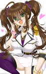  1girl ahoge alternate_hairstyle arm_scrunchie belt black_belt blush bra breast_pocket breasts brown_hair chamumi_(mochiumee) cleavage commentary_request epaulettes female_admiral_(kancolle) green_eyes hair_between_eyes hair_ornament hairclip heart highres jacket kantai_collection large_breasts looking_at_viewer military_uniform mole mole_on_breast mole_on_thigh mole_under_mouth pink_scrunchie pocket purple_bra purple_thighhighs scrunchie sidelocks sitting skirt star_(symbol) star_hair_ornament star_on_cheek thighhighs twintails underwear white_jacket white_skirt 
