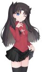  1girl absurdres black_hair black_thighhighs blue_eyes blush bow clothes_lift command_spell commentary fate/stay_night fate_(series) hair_bow highres long_hair mntt one_eye_closed red_sweater skirt skirt_lift smile sweater thighhighs tohsaka_rin two_side_up zettai_ryouiki 
