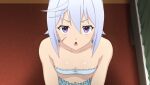  1girl anime_coloring bandeau blue_bandeau blue_shorts breasts chris_(konosuba) cleavage collarbone curtains diamond_earrings earrings frilled_bandeau frilled_shorts frills from_above game_asset grey_hair highres indoors jewelry jitome kneeling kono_subarashii_sekai_ni_shukufuku_wo! kono_subarashii_sekai_ni_shukufuku_wo!_kono_yokubukai_game_ni_shinpan_o! looking_at_viewer looking_up midriff navel non-web_source official_art open_mouth purple_eyes scar scar_on_cheek scar_on_face self-datamine short_hair shorts side_ahoge sleepwear small_breasts solo triangle_mouth upper_body upwards_triangle_mouth v-shaped_eyebrows variant_set 