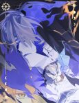  3boys 70_70000 absurdres antenna_hair armor artist_name black_background black_boots black_cape black_sclera blonde_hair blood blood_from_eyes blood_on_face blue_cape blue_fire boots cape colored_blood colored_sclera commentary cracked_skin crescent_moon dawnmaker_(honkai:_star_rail) diamond-shaped_pupils diamond_(shape) english_commentary fire floating_cape floating_clothes footprints full_body full_moon gauntlets grey_hair hair_between_eyes hair_over_one_eye highres holding holding_sword holding_weapon honkai:_star_rail honkai_(series) hood hooded_cape jacket long_hair_between_eyes long_sleeves looking_at_another looking_at_viewer looking_up male_focus moon moon_phases multiple_boys open_mouth pale_skin phainon_(flame_reaver)_(honkai:_star_rail) phainon_(honkai:_star_rail) phainon_(khaslana)_(honkai:_star_rail) purple_eyes shadow short_hair shoulder_armor simple_background sitting sitting_on_person sun_symbol sword symbol-shaped_pupils walking weapon white_hair white_jacket yellow_blood yellow_eyes 