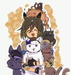  ... 1girl :d ^_^ animal animal_ears animalization black_gloves cat closed_eyes coat commentary dog dream_journey_(umamusume) ear_covers feather_hair_ornament feathers fenomeno_(umamusume) fingerless_gloves gloves gold_ship_(umamusume) hair_between_eyes hair_ornament happy_aura holding holding_animal horse_ears horse_girl lucky_lilac_(umamusume) multicolored_hair nakayama_festa_(umamusume) open_mouth orfevre_(umamusume) roroko_momo simple_background smile solo spoken_ellipsis stay_gold_(sunlit_outsider)_(umamusume) stay_gold_(umamusume) streaked_hair sweatdrop torn_clothes torn_sleeves umamusume upper_body white_background white_streaks yellow_coat 