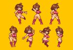  1girl ahoge ass breasts brown_eyes brown_hair commentary_request contrapposto dance_dance from_behind hair_between_eyes hand_on_own_hip large_breasts looking_at_viewer medium_hair multiple_views navel one_eye_closed pixel_art remi_(dance_dance) simple_background smile yellow_background yumura_kino 