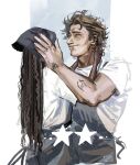  1boy 1girl absurdres apron arm_tattoo black_hair blonde_hair blue_apron carmy_berzatto commentary dark-skinned_female dark_skin english_commentary hand_tattoo hao0047 headscarf highres looking_at_another shirt sideburns smile sydney_adamu tattoo the_bear white_shirt 