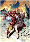  1girl armor business_suit fire formal fuse_ryuuta glowing high_heels highres iron_man iron_man_3 marvel pepper_potts ruins shoes suit tony_stark 
