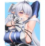  1girl absurdres arm_up armpits artist_name bare_shoulders black_gloves blue_background blue_dress blush breasts clothing_cutout commentary_request dress english_commentary gloves grey_hair hair_over_one_eye hand_fan highres holding holding_fan large_breasts logkey long_hair looking_at_viewer mixed-language_commentary mole mole_on_breast mole_under_mouth parted_lips pointy_ears purple_eyes shoulder_cutout sideboob solo upper_body velina_airgid zenless_zone_zero 