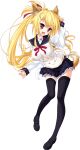  1girl amagi_karin animal_ear_fluff animal_ears back_bow black_thighhighs blonde_hair bow buttons charm_(object) collarbone double-breasted fox_ears frilled_skirt frills full_body game_asset hair_ribbon impossible_clothes loafers long_hair long_sleeves magical_marriage_lunatics!! miniskirt neck_ribbon non-web_source official_art plaid_clothes plaid_sailor_collar plaid_skirt pleated_skirt ponytail red_eyes red_ribbon ribbon sailor_collar sakurasaka_tsuchiyu school_uniform serafuku shirt shoes simple_background skirt tachi-e thighhighs transparent_background two-tone_shirt white_shirt 