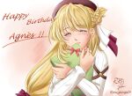  1girl agnes_claudel artist_name beret blonde_hair blush braid braided_base bun_with_braided_base closed_eyes commentary_request eiyuu_densetsu gift hair_bun happy_birthday hat holding holding_gift kai_no_kiseki kuro_no_kiseki_(series) long_hair low-tied_long_hair red_hat ribbed_sweater simple_background smile solo sweater you_george24 