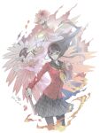  1girl amagi_yukiko arm_up black_eyes black_hair black_pantyhose black_sailor_collar black_skirt blunt_bangs breasts cardigan castle commentary demon_(megami_tensei) fire folding_fan glasses hair_flaps hairband hand_fan highres holding holding_fan houndstooth konohana_sakuya_(persona) long_hair long_sleeves looking_at_viewer neckerchief pantyhose paper_fan persona persona_(summon) persona_4 pleated_skirt red-framed_eyewear red_cardigan red_hairband ryokuyuu sailor_collar school_uniform serafuku shirt signature simple_background skirt smile solo standing straight_hair twitter_username white_background yasogami_school_uniform yellow_neckerchief 