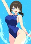  1girl absurdres arm_up black_hair blue_eyes blue_one-piece_swimsuit bouncing_breasts breasts commentary_request competition_swimsuit cowboy_shot hayami_eina_(tanikan0120) highleg highleg_one-piece_swimsuit highres large_breasts low_ponytail one-piece_swimsuit one_eye_closed open_mouth original ponytail round_teeth solo splashing swimsuit tanikan0120 teeth upper_teeth_only water 