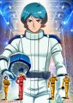 1girl 2026 4boys absurdres aeug apolly_bay argama belt black_hair blonde_hair blue_eyes blue_hair brown_hair char_aznable commentary_request dated emma_sheen facial_hair gundam hangar helmet highres holding holding_unworn_helmet kamille_bidan looking_at_viewer mecha_pilot_suit misogram mullet multiple_boys mustache normal_suit_(gundam) quattro_bajeena roberto_(gundam) science_fiction serious signature spacecraft_interior sunglasses unworn_headwear unworn_helmet walking zeta_gundam 