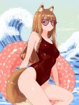  1girl animal_ear_fluff animal_ears breasts covered_navel diagada feet_out_of_frame heart heart-shaped_eyewear highres holo innertube looking_at_viewer one-piece_swimsuit outdoors red-tinted_eyewear red_eyes red_one-piece_swimsuit small_breasts solo spice_and_wolf swim_ring swimsuit tail tinted_eyewear twitter_username waves wet wolf_ears wolf_girl wolf_tail 
