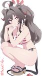  1girl absurdres ahoge bikini black_hair black_tail blue_archive breasts commentary_request curved_horns demon_horns demon_tail halo highres horns kasumi_(blue_archive) kasumi_(swimsuit)_(blue_archive) long_hair mismatched_bikini official_alternate_costume panatisia red_bikini red_halo sandals simple_background smile solo striped_bikini striped_clothes swimsuit tail triangle_bikini_top twintails white_background yellow_eyes 