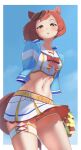  1girl absurdres animal_ears belt blue_jacket blue_sky blush bow breasts brown_eyes brown_hair cheerleader commentary crop_top english_commentary highres holding holding_pom_poms horse_ears horse_girl horse_tail jacket looking_at_viewer midriff milkfuile navel nice_nature_(run_&amp;_win)_(umamusume) nice_nature_(umamusume) orange_shorts parted_lips pom_pom_(cheerleading) ponytail red_bow shirt shorts shorts_under_skirt skirt sky small_breasts solo tail umamusume white_shirt white_skirt yellow_belt 