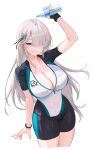  1girl absurdres artist_request bike_shorts biker_clothes black_shorts bottle breasts bust_cup cleavage collarbone english_text flower_hairpin full_cleavage game_asset hair_over_one_eye half-closed_eyes highres holding holding_bottle impossible_clothes long_hair official_art one_eye_covered poker_fate pouring pouring_onto_self see-through_clothes see-through_shirt shiraishi_irina shiraishi_irina_(sea_breeze_caress) shirt shorts smartwatch smile solo sweat sweaty_breasts very_sweaty watch water_bottle wet wet_clothes wet_hair wet_shirt wristwatch zipper 