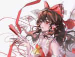  1girl absurdres ascot bow brown_hair commentary detached_sleeves english_commentary folded_fan folding_fan frilled_bow frilled_hair_tubes frills hair_bow hair_tubes hakurei_reimu hand_fan highres holding holding_fan long_hair ofuda pye_yyy red_bow red_eyes ribbon-trimmed_sleeves ribbon_trim solo touhou yellow_ascot 