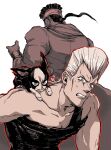  2boys animal animal_on_shoulder arm_up bare_shoulders black_shirt blue_eyes boston_terrier bracelet broad_shoulders clenched_teeth coat collarbone dark-skinned_male dark_skin dog dog_on_shoulder dreadlocks earrings highres iggy_(jojo) jean_pierre_polnareff jewelry jojo_no_kimyou_na_bouken long_sleeves male_focus mohammed_avdol multiple_boys nervous_sweating piercing shirt short_sideburns sideburns simple_background single_strap sinkir stardust_crusaders sweat tall_hair teeth white_background white_hair widow's_peak 