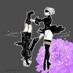  1boy 1girl 2b_(nier:automata) 9s_(nier:automata) black_boots black_choker black_dress black_gloves black_jacket black_shorts black_socks black_visor blindfold boots choker commentary_request dress feather_trim fishnet_thighhighs fishnets flower full_body gloves grey_background grey_hair high_heels holding_another's_ankle holding_another's_leg holding_hands jacket juliet_sleeves leotard long_sleeves mochi_(hanamaruudondesu) mole mole_under_mouth nier:automata nier_(series) pendant_choker puffy_sleeves purple_flower short_hair shorts signature socks thigh_boots thighhighs turtleneck turtleneck_dress upside-down upskirt white_leotard 