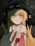  1boy 1girl araragi_koyomi bakemonogatari bare_shoulders blonde_hair closed_mouth commentary_request dress goggles goggles_on_headwear helmet highres jewelry kou313l long_hair looking_at_viewer monogatari_(series) necklace oshino_shinobu pink_dress pov pov_hands strap_slip yellow_eyes 