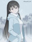  1girl absurdres azumanga_daioh black_hair blue_eyes blue_jacket blurry blurry_background breath check_commentary closed_mouth commentary_request hands_in_pockets highres hood hood_down hooded_jacket jacket long_hair long_sleeves looking_at_viewer naoyuki_arts outdoors sakaki_(azumanga_daioh) smile snow snowing solo sweater tree turtleneck turtleneck_sweater twitter_username upper_body white_sweater winter 