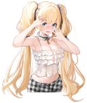 1girl absurdres amatsuki_erina amatsuki_erina_(oath) aqua_eyes artist_request averting_eyes blonde_hair breasts buttons camisole choker cleavage embarrassed frilled_camisole frilled_choker frilled_shirt frills game_asset hands_up highres looking_at_viewer navel official_alternate_costume official_art open_mouth plaid_clothes poker_fate shirt shoes shorts solo spaghetti_strap transparent_background twintails wavy_mouth white_camisole 