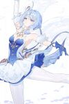  1girl arm_up asymmetrical_gloves bare_shoulders blue_gloves blue_hair breasts cleavage commentary dancing detached_sleeves genshin_impact gloves hair_ornament highres mismatched_gloves odette_(genshin_impact) pantyhose parted_lips purple_eyes short_sleeves simple_background solo suwa_(swk_kkk) white_background white_pantyhose 