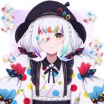  1girl aizawa_hamu beret bow braid closed_mouth commentary_request flower flower_over_eye hair_ornament hat highres hime_cut japanese_clothes jogasaki_noah kimono lolita_fashion looking_at_viewer magical_girl mahou_shoujo_no_inshuu_mura mahou_shoujo_no_majo_saiban multicolored_eyes multicolored_flower multicolored_hair obi polka_dot polka_dot_bow polka_dot_kimono sash smile symbol_in_eye twin_braids wa_lolita 