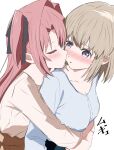  2girls black_ribbon blue_shirt blush breasts closed_eyes commentary_request grey_hair hair_intakes hair_ribbon highres hug hug_from_behind kamiina_botan kamiina_botan_yoeru_sugata_wa_yuri_no_hana kiss kissing_cheek meteor_animation multiple_girls parted_lips pink_hair purple_eyes ribbon shirt short_hair simple_background tonami_ibuki translation_request two_side_up white_background white_shirt yuri 