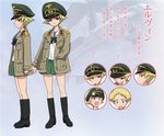  black_footwear blonde_hair blouse boots brown_eyes brown_jacket character_sheet concept_art erwin_(girls_und_panzer) expressions girls_und_panzer goggles goggles_on_headwear green_skirt hand_in_pocket hat jacket knee_boots long_sleeves military military_hat military_uniform miniskirt neckerchief official_art ooarai_school_uniform open_clothes open_jacket peaked_cap pleated_skirt school_uniform serafuku shoes short_hair skirt smile standing sugimoto_isao translated uniform white_blouse 