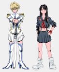  2boys bakuzan black_eyes black_hair black_serafuku blonde_hair blue_eyes blue_neckerchief boots closed_mouth commentary_request cosplay crop_top crossdressing crossdressing_(mtf) dress epaulettes fingerless_gloves flynn_scifo full_body gloves hair_ornament hand_on_own_hip high_heel_boots high_heels highres holding holding_sword holding_weapon junketsu kill_la_kill kiryuuin_satsuki kiryuuin_satsuki_(cosplay) long_hair long_sleeves looking_at_viewer male_focus matoi_ryuuko matoi_ryuuko_(cosplay) multiple_boys neckerchief omitatamio pleated_dress pleated_skirt red_gloves red_neckerchief sailor_dress school_uniform senketsu serafuku sheath sheathed shoes short_hair simple_background skirt sneakers standing suspenders sword tales_of_(series) tales_of_vesperia thigh_boots weapon white_background white_boots white_dress white_shoes yuri_lowell 
