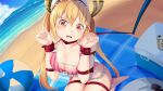  1girl ball beach beachball bikini blonde_hair blush bound breasts cleavage collarbone commentary_request day dragon_girl dragon_horns horns kobayashi-san_chi_no_maidragon large_breasts long_hair looking_at_viewer maid_headdress open_mouth orange_eyes outdoors pink_bikini restrained sitting solo swimsuit tohru_(maidragon) twintails yasume_yukito 