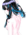  1girl back black_hair blue_hair breasts colored_inner_hair commentary completely_nude eyeliner fate/grand_order fate_(series) grey_eyes hakka_man highres long_hair looking_at_viewer makeup medium_breasts multicolored_hair nude sideboob sidelocks solo tenochtitlan_(fate) 