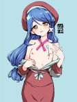  1girl beret blue_background blue_hair blue_scrunchie braid breasts butterfly_hair_ornament collarbone commentary_request food food_on_body food_on_breasts green_shirt hair_ornament hair_scrunchie hamao hand_up hat highres howa_kurea ice_cream long_eyelashes long_hair long_sleeves looking_at_viewer meitantei_precure! nipples open_clothes open_mouth open_shirt precure red_hat red_skirt scrunchie shirt side_braid simple_background single_braid skirt small_breasts solo standing yellow_eyes 