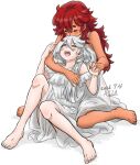  2girls artist_name barefoot blacktea_ajia blush closed_eyes closed_mouth commentary_request dated dress grey_eyes grey_hair gundam gundam_suisei_no_majo highres holding_hands hug hug_from_behind interlocked_fingers jewelry long_hair miorine_rembran multiple_girls off-shoulder_dress off_shoulder one_eye_closed open_mouth red_hair ring smile suletta_mercury thick_eyebrows toes watermark wedding_ring white_dress wife_and_wife yuri 