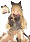  animal_ear_headphones animal_ears bare_legs barefoot blonde_hair blush bottle bottomless bow cat_ear_headphones cat_ears cat_tail chibi drunk empty_bottle fake_animal_ears fake_tail girls'_frontline girls'_frontline_2:_exilium gloves green_bow green_eyes harpsy_(girls'_frontline_2) headphones highres id_card jacket kneeling long_hair long_sleeves looking_at_viewer mirae283 multicolored_jacket tail tail_bow tail_ornament thighs tmp_(girls'_frontline) 