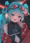  1girl :d absurdres adjusting_eyewear bare_shoulders black-framed_eyewear black_jacket black_shirt blue_hair blunt_bangs blush chain chain_necklace clothing_cutout commentary_request eyewear_on_head fang hatsune_miku highres jacket jewelry long_hair long_sleeves looking_at_viewer magical_mirai_(vocaloid) magical_mirai_miku magical_mirai_miku_(2023) mokoinu_(pixiv_27216243) navel navel_cutout necklace off_shoulder open_clothes open_jacket open_mouth shirt sidelocks skin_fang sleeveless sleeveless_shirt sleeveless_turtleneck smile solo sunglasses turtleneck turtleneck_shirt twintails upper_body vocaloid 