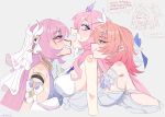  4girls assertive_female blush breasts color_connection commentary company_connection cropped_torso cyrene_(demiurge)_(honkai:_star_rail) cyrene_(honkai:_star_rail) diamond-shaped_pupils diamond_(shape) dress elf elysia_(herrscher_of_human:_ego)_(honkai_impact) elysia_(honkai_impact) english_commentary english_text freckles genshin_impact girl_sandwich grey_background hair_color_connection highres honkai:_star_rail honkai_(series) honkai_impact_3rd hug hug_from_behind inoue_marina large_breasts linnea_(genshin_impact) long_hair medium_hair mihoyo multiple_girls pink_hair pointy_ears purple_eyes remielle_dan sandwiched smile symbol-shaped_pupils unfamousradish veil very_long_hair voice_actor_connection white_dress white_veil yanning yuri zenless_zone_zero 