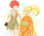 2girls blush bow camera closed_eyes collared_shirt commentary_request danganronpa_(series) danganronpa_2:_goodbye_despair dress eyelashes fingernails floral_print floral_print_kimono freckles green_bow green_dress green_sash hair_bow height_difference holding_hands japanese_clothes kimono koizumi_mahiru long_sleeves multiple_girls necktie obi open_mouth orange_kimono pinafore_dress plaid_clothes plaid_necktie print_kimono red_hair red_necktie saionji_hiyoko sash shinshishinc shirt short_hair short_sleeves simple_background sleeveless sleeveless_dress smile twintails very_short_hair white_background white_shirt 
