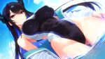  1girl alternate_costume ass_visible_through_thighs asymmetrical_horns bare_shoulders black_hair black_horns blue_hair blue_nails blue_sky breasts closed_mouth cloud cloudy_sky colored_inner_hair commentary_request covered_navel covered_nipples demon_horns dutch_angle english_commentary flower from_below hair_between_eyes hip_dips hololive hololive_english horn_flower horns irori_(irorixc) jacket large_breasts long_hair looking_at_viewer mixed-language_commentary mole mole_under_eye multicolored_hair nail_polish nerissa_ravencroft off_shoulder one-piece_swimsuit red_eyes sideboob sky solo swimsuit thigh_gap thighs uneven_horns very_long_hair virtual_youtuber wading water white_jacket 