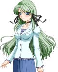  1girl 2000s_(style) blue_eyes blush breasts casual choker game_asset green_hair hair_ribbon jacket kagashima_itsuki large_variant_set long_hair mahou_senshi_(series) mahou_senshi_elixir_knights non-web_source official_art ribbon saitou_natsuki self-datamine simple_background skirt solo tachi-e transparent_background variant_set 