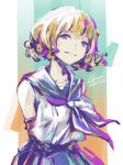  1girl aqua_background arm_belt arms_behind_back artist_name assault_lily belt_buckle black_shirt blonde_hair blue_skirt buckle closed_mouth commentary crop_top dated detached_sleeves drill_hair gradient_background highres imamura_yukari_(assault_lily) light_smile looking_at_viewer necktie nekomint odaiba_girls_high_school_uniform orange_background outside_border pillarboxed purple_eyes purple_necktie school_uniform shirt short_hair signature skirt sleeveless sleeveless_shirt solo standing two-tone_background undershirt upper_body white_shirt 