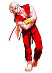  90s armor barefoot bengus blonde_hair blue_eyes crossed_arms dougi eyebrows hair_ribbon japanese_armor ken_masters kote long_hair male_focus muscle official_art ponytail ribbon smile solo street_fighter thick_eyebrows torn_clothes torn_sleeves x-men_vs._street_fighter 