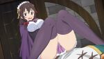  1boy 1girl anime_coloring ascot averting_eyes belt black_corset blush bow braid breasts brown_belt brown_hair cape corset cross-laced_clothes cross-laced_corset crown_braid door dutch_angle feet_out_of_frame frilled_skirt frills game_asset girl_on_top green_cape grey_shirt hair_bow highres indoors knees_together_feet_apart kono_subarashii_sekai_ni_shukufuku_wo! kono_subarashii_sekai_ni_shukufuku_wo!_kono_yokubukai_game_ni_shinpan_o! large_breasts low_twintails maid_headdress non-web_source official_art open_mouth purple_ascot purple_cape purple_skirt purple_thighhighs raised_inner_eyebrows red_bow red_eyes satou_kazuma self-datamine shirt skirt solo_focus stone_wall thighhighs tunic twintails variant_set white_shirt white_tunic yunyun_(konosuba) 