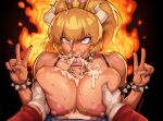  1boy 1girl armlet artist_name black_lips black_nails blonde_hair blue_eyes bowsette bracelet breasts breasts_squeezed_together collar commentary crown cum cum_in_mouth cum_in_nose cum_on_body cum_on_breasts cum_on_hair cum_on_penis cum_on_self cum_overflow double_v english_commentary facial fellatio fire glaring grabbing_another's_breast groping horns huge_breasts jewelry large_areolae lipstick_mark lipstick_mark_on_penis looking_at_viewer lostinium mario mario_(series) new_super_mario_bros._u_deluxe oral paizuri penis pov puffy_nipples spiked_armlet spiked_bracelet spiked_collar spikes super_crown thick_eyebrows uneven_eyes v v-shaped_eyebrows variant_set veins veiny_penis 
