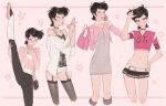  1boy :p absurdres applying_makeup bag belt black_bag black_choker black_hair black_skirt black_thighhighs blush camisole choker compact_(cosmetics) cosmetics cowboy_shot cropped_shirt crossdressing crossdressing_(mtf) double_horizontal_stripe garter_straps girly_boy hand_on_own_hip highres holding holding_phone lacryboy leg_warmers loser_gesture midriff miniskirt multiple_views navel original phone pink_bag pink_shirt pink_shoes scott_(lacryboy) shirt shoes shorts skirt split standing standing_on_one_leg standing_split thighhighs tongue tongue_out white_belt white_camisole white_leg_warmers white_shorts 