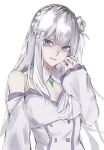  1girl bare_shoulders collar commentary detached_sleeves emilia_(re:zero) flower gem green_gem hair_flower hair_ornament hand_up highres lijialing0429 long_hair pointy_ears re:zero_kara_hajimeru_isekai_seikatsu reversed simple_background solo upper_body white_background white_hair 